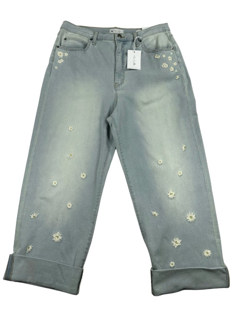 Jessica Simpson Women's 12 Light Blue Denim Jeans Wide-Leg Floral Embroidered